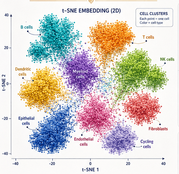 单细胞 t-SNE 聚类与细胞状态分布图